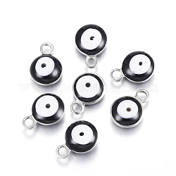304 Edelstahl Emaille Anhänger / charms, flach rund mit bösen Blick, Edelstahl Farbe, Schwarz, 8.5x6x4 mm, Bohrung: 1 mm