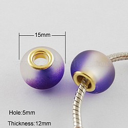 Two Tone Large Hole Rondelle Rubberized Glass European Beads, with Golden Plated Brass Double Cores, Indigo, 15x12mm, Hole: 5mm