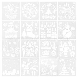 16枚16スタイルのペットの描画ステンシル  図面スケールテンプレート  クリスマスのDIYスクラップブッキング  正方形  ホワイト  15x15x0.03cm  1枚/スタイル