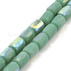 Hebras de cuentas de vidrio de imitación de jade esmerilado, color de ab chapado, facetados, columna, verde mar medio, 8x6mm, agujero: 1.4 mm, aproximamente 80 pcs / cadena, 25.04'' (63.6 cm)