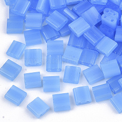2-hole perline di vetro, giada imitato, rettangolo, blu fiordaliso, 5x4.5~5.5x2~2.5mm, Foro: 0.7 mm