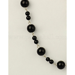 Handmade Round Glass Pearl Beads Chains for Necklaces Bracelets Making, with Iron Eye Pin, Unwelded, Platinum, Black, 39.3 inch