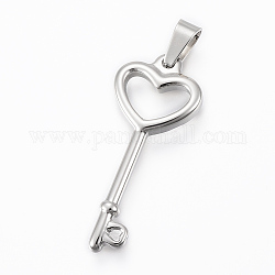 304 Stainless Steel Pendants, Key, Stainless Steel Color, 36x15x3mm, Hole: 7x3.5mm
