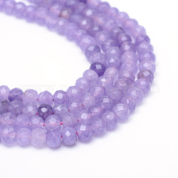 Perles de jade blanches naturelles teintes rondelles facettées, support violet, 8~9x5~6mm, Trou: 1mm, Environ 70 pcs/chapelet, 14.5 pouce