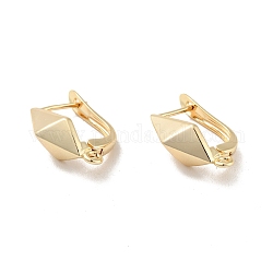 Faceted Rhombus Rack Plating Brass Hoop Earring Findings with Latch Back Closure, with Horizontal Loop, Long-Lasting Plated, Cadmium Free & Lead Free, Real 14K Gold Plated, 20.5x13x7.5mm, Hole: 1.2mm, Pin: 0.9mm