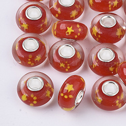 Perles européennes vernissées manuelles, Perles avec un grand trou   , avec noyaux simples en laiton plaqué couleur argent, rondelle, rouge, 14x7.5mm, Trou: 4mm