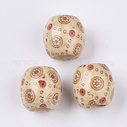 Perles de gros trous en bois naturel imprimé, baril, sans plomb, bisque, 16x14.5~16.5mm, Trou: 7.5mm