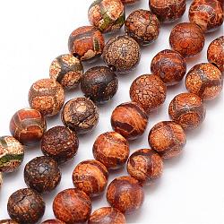 Perles de dzi à motif mixte de style tibétain, Chapelets de perle en agate patinée naturelle, ronde, teints et chauffée, couleur mixte, 10mm, Trou: 1mm, Environ 18 pcs/chapelet, 7.5 pouce