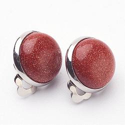 Synthetic Goldstone Brass Clip-on Earrings, Flat Round, Chocolate, 14x10mm
