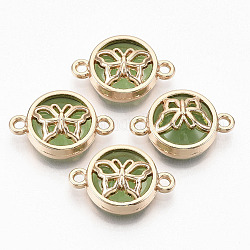 Connecteurs de liens en verre, avec accessoires en alliage plaqué d'or clair, plat et circulaire avec papillon, lime green, 13.5x19.5x5.5mm, Trou: 1.6mm