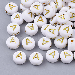 Plating Acrylic Beads, Golden Metal Enlaced, Horizontal Hole, Flat Round with Alphabet, White, Letter.A, 7x3.5mm, Hole: 1.2mm, about 360pcs/50g