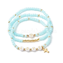 Glass Beads Stretch Bracelets Sets, with Acrylic & Brass Beads, 304 Stainless Steel Cross Charms, Love, Light Sky Blue, Inner Diameter: 2-1/4 inch(5.7cm), 3pcs/set