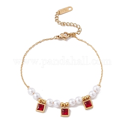 Pulsera con charm de circonitas cúbicas cuadradas y perla acrílica, chapado en oro 304 joyería de acero inoxidable para mujer, rojo, 6-3/4 pulgada (17 cm)