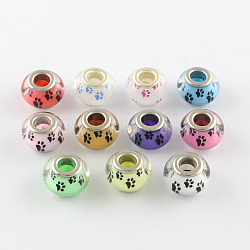 Large Hole Dog Paw Prints Pattern Resin European Beads, with Silver Color Plated Brass Double Cores, Rondelle, Mixed Color, 14x9~10mm, Hole: 5mm