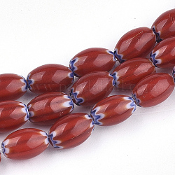 Chapelets de perles vernissées de millefiori manuelles, ovale, rouge, 9~10x6~7mm, Trou: 0.8mm, Environ 40 pcs/chapelet, 13.9 pouce