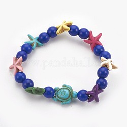 Детские растягивающиеся браслеты из синтетических бирюзовых (крашеных) бусин, морская черепаха и морская звезда / морские звезды и вокруг, синие, 2-1/8 дюйм (5.5 см)
