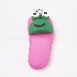 Handmade Polymer Clay Pendants, with Iron Findings, Slipper with Frog, Platinum, Deep Pink, 34~35x14x10mm, Hole: 2mm