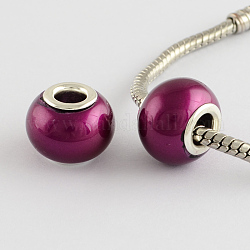 Spray Painted Glass European Beads, with Brass Silver Color Plated Cores, Large Hole Beads, Rondelle, Medium Violet Red, 15x12mm, Hole: 5mm