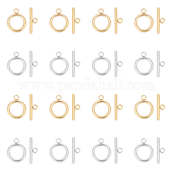 Unicraftale 20 Sets 2 Colors 304 Stainless Steel Toggle Clasps, Round Ring, Real Gold Plated & Stainless Steel Color, Ring: 23x18x2.5mm, Hole: 3mm, Bar: 25x7.5x2.5mm, Hole: 3mm, 10 sets/color