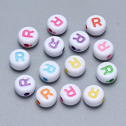 Craft Acrylic Horizontal Hole Letter Beads, Flat Round, Mixed Color, Letter.R, 7x3.5~4mm, Hole: 1.5mm, about 3600pcs/500g