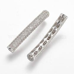 Brass Micro Pave Cubic Zirconia Tube Beads, Tube, Curved, Clear, Platinum, 31.5x4.2mm, Hole: 2mm