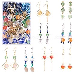 DIY Gemstone Drop Earring Making Kit, Including Natural Green Onyx Agate & Agate Nugget & Glass Bugle & Seed Beads, Robot & Square Alloy Pendants, 304 Stainless Steel Earring Hooks, Mixed Color, 3~40x3~26x0.6~12mm, Hole: 0.8~2mm