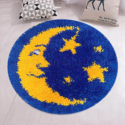 Flat Round Latch Hook Rug Kit, DIY Rug Crochet Yarn Kits, Including Color Printing Screen Section Embroidery Pad, Needle, Acrylic Wool Bundle, Moon Pattern, 450x1.5mm