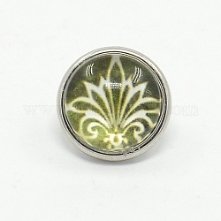 Flat Round with Flower Pattern Platinum Tone Brass Glass Cabochon Jewelry Snap Buttons, Cadmium Free & Nickel Free & Lead Free, Olive, 18x8mm, Knob: 4.5mm