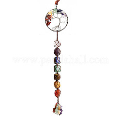 Chakra Theme Big Pendant Decorations, Hand Knitting with Natural Gemstone Beads and Stone Chips Tassel, Flat Round with Tree of Life, Silver Color Plated, 35cm