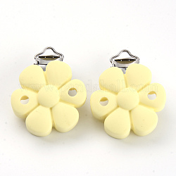 Food Grade Eco-Friendly Silicone Baby Pacifier Clips, with 304 Stainless Steel Clips, Flower, Stainless Steel Color, Yellow, 52x40x23mm, Hole: 4x12.5mm and 5mm