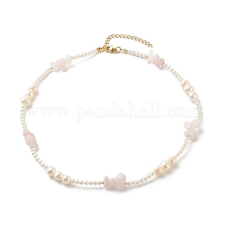 Collier de perles de quartz rose naturel pour fille femme, collier de perles de coquillage vintage, or, 15.98 pouce (40.6 cm)