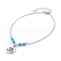 Synthetic Turquoise Charms Anklets, with Tibetan Style Alloy Pendants, 304 Stainless Steel Findings and Iron Eye Pin, Flat Round with Om Symbol, Antique Silver & Platinum, 9-7/8 inch(25.1cm), Pendant: 19x14.5x2mm