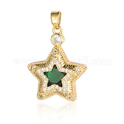 Brass Micro Pave Green Cubic Zirconia Pendants, Star Charms, Real 18K Gold Plated, 24x19x6mm