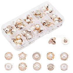 1-Rondelle botones de plástico, con perlas de imitación y rhinestone, media caña y flor y plana redonda, blanco, 10~13x10~13x9~11mm, agujero: 2.5 mm, 100 PC / sistema