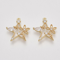 Brass Micro Pave Cubic Zirconia Pendants, Star with Flower, Clear, Nickel Free, Real 18K Gold Plated, 18x16x2.5mm, Hole: 0.9mm