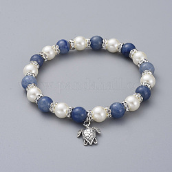 Bracelets extensibles avec breloque, avec des perles naturelles aventurine, Perles en verre nacré, breloques en alliage de zinc et perles d'espacement en laiton strass, tortue de mer, 2-1/8 pouce (5.3 cm)