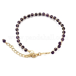 Bracelet réglable en perles d'améthyste naturelle avec fermoir à pince de homard, bijoux enveloppés de fil de laiton pour femmes, 7-7/8~9-7/8 pouce (20~25 cm)