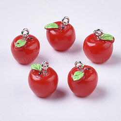 Pomme breloques de résine, avec vis en fer de couleur platine oeil broche cheville bails, rouge, 15x12mm, Trou: 2mm
