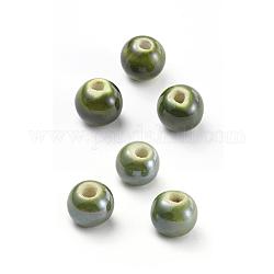 Handmade Porcelain Beads, Pearlized, Round, Olive, 14mm, Hole: 2.5~4mm