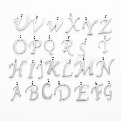 304 Edelstahl-Anhänger-Alphabet, Anfangsbuchstabe a ~ z, Edelstahl Farbe, 15~19x5.5~19x2 mm, Bohrung: 2 mm