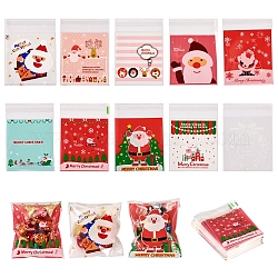 Pandahall 200 pz 10 colori sacchetto di plastica per bakeware a tema natalizio, con autoadesivo, per il cioccolato, caramella, biscotti, quadrato, colore misto, 130x100x0.2mm, 20 pz / colore