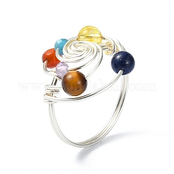Anello da dito a vortice avvolto in filo di rame, anello chakra con perline di pietre preziose naturali miste, argento, misura degli stati uniti 8 1/4 (18.3mm)