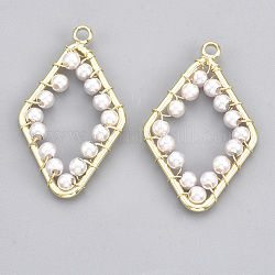 ABS Plastic Imitation Pearl Pendants, Real 18K Gold Plated, with Brass Findings, Rhombus, White, 31.5x19x3mm, Hole: 2mm