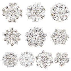 Nbeads 9pcs 9 style Rhinestone Flower Lapel Pins, Silver Plated Alloy Exquisite Brooch for Women Wedding Party, Crystal, 19~35.5x20~36x3~9mm, Pin: 0.7~0.9mm, 1Pc/style