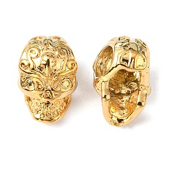 Real 24K Gold Plated Brass Skull Beads, Golden 3-Hole Beads, 12x8x8mm, Hole: 4mm