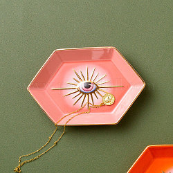 Porcelain Jewelry Plate, Storage Tray for Rings, Necklaces, Earring, Hexagon with Evil Eye Pattern, Light Coral, 166x110x25mm