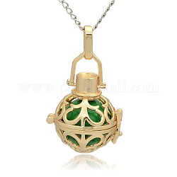 Golden Tone Brass Hollow Round Cage Pendants, with No Hole Spray Painted Brass Round Beads, Lime Green, 33x24x21mm, Hole: 3x8mm