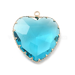 K9 pendenti di vetro, charms cuore, con risultati ottoni di ottone tonalità d'oro, sfaccettato, acquamarina, 31x28x9mm, Foro: 2 mm