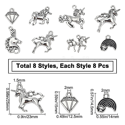 SUNNYCLUE 1 Box 64pcs 8 Styles Unicorn Charms Bulk Alloy Rainbow Diamond Animal Pendants Vintage Tibetan Style for Jewelry Making