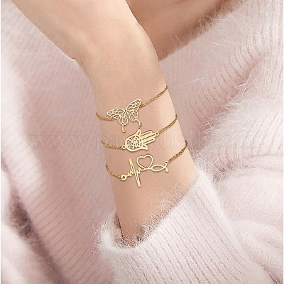 WOMAN'S GOLDEN STEEL BRACELET WITH HEART, BUTTERFLY AND
